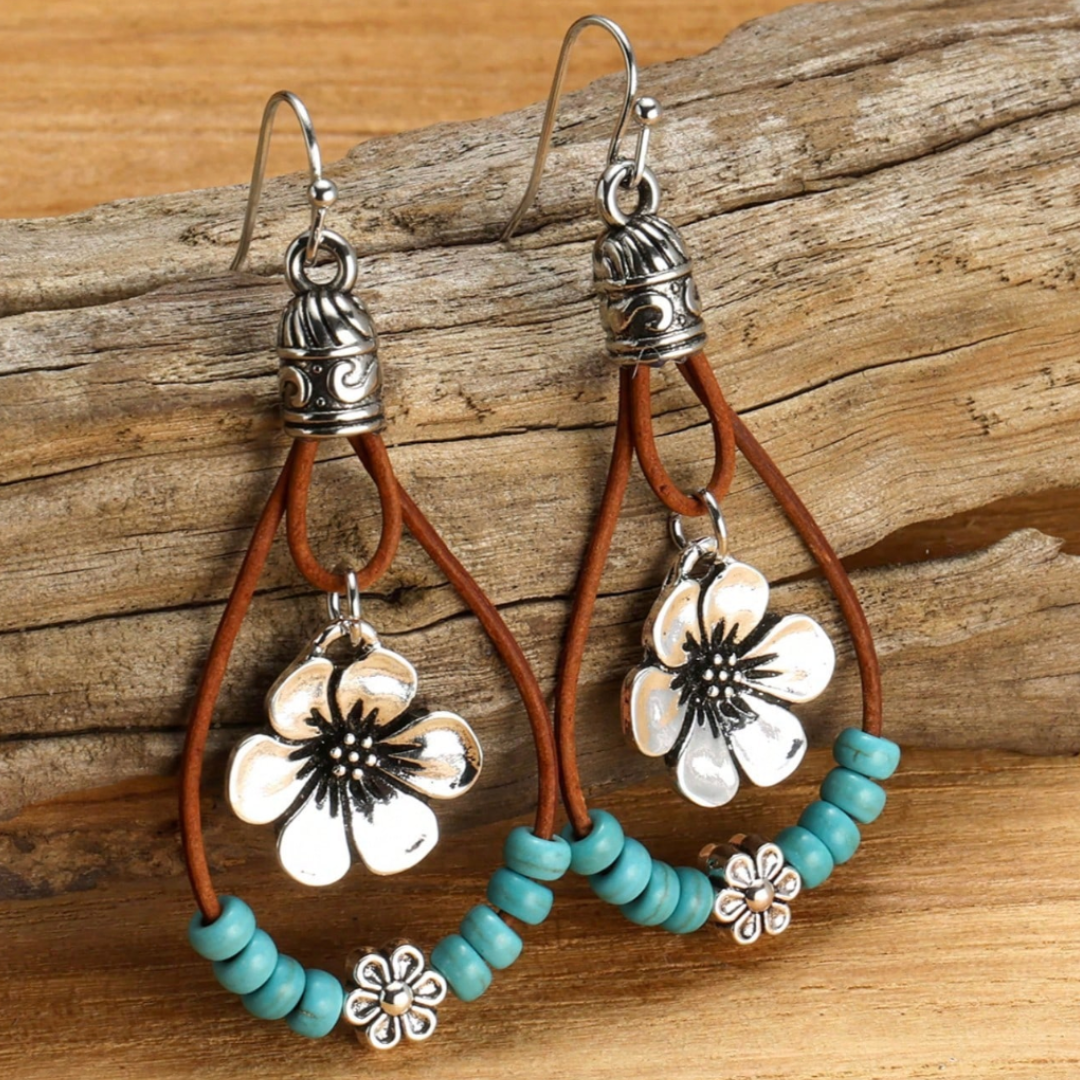 Pendientes Boho Plata Flor Turquesa