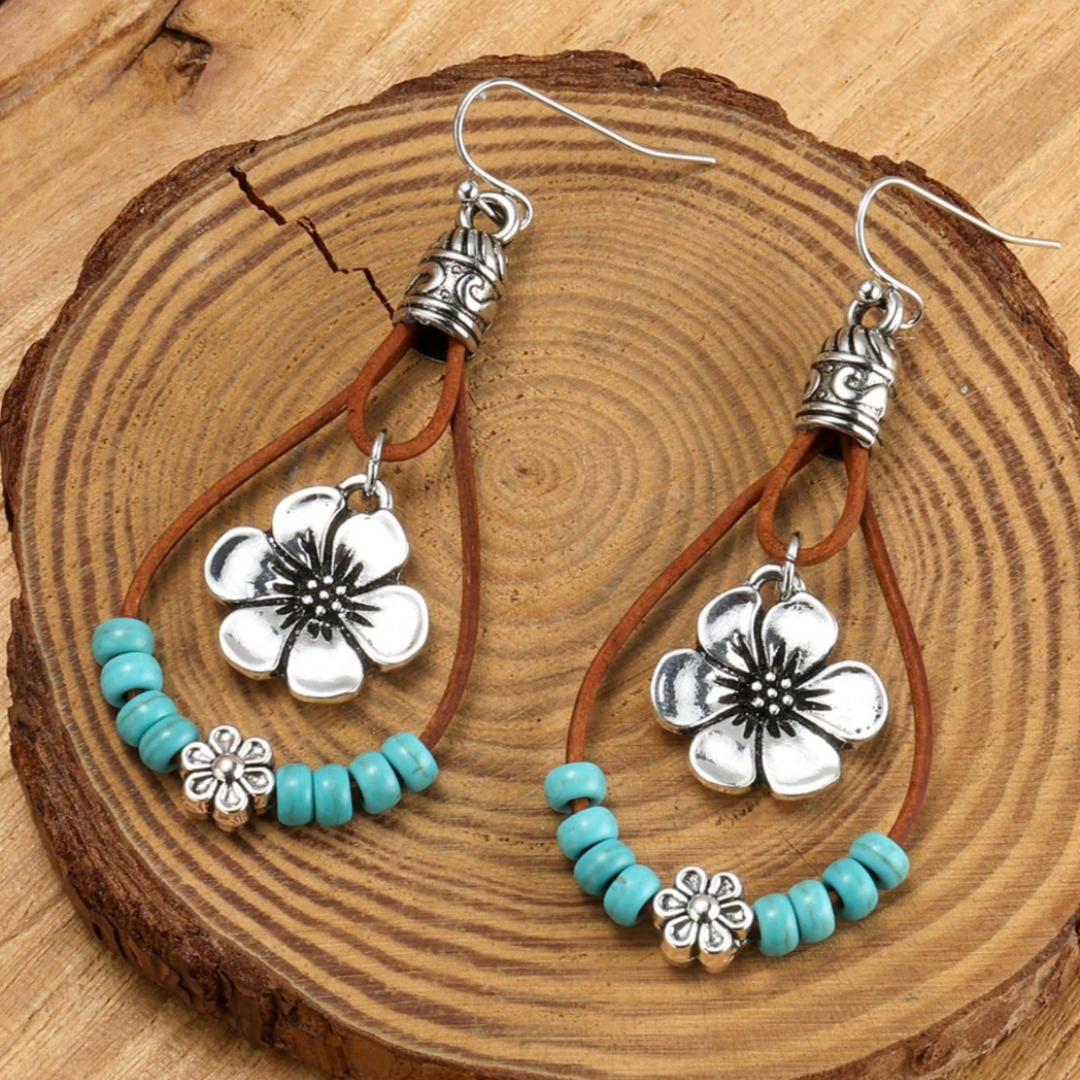 Pendientes Boho Plata Flor Turquesa