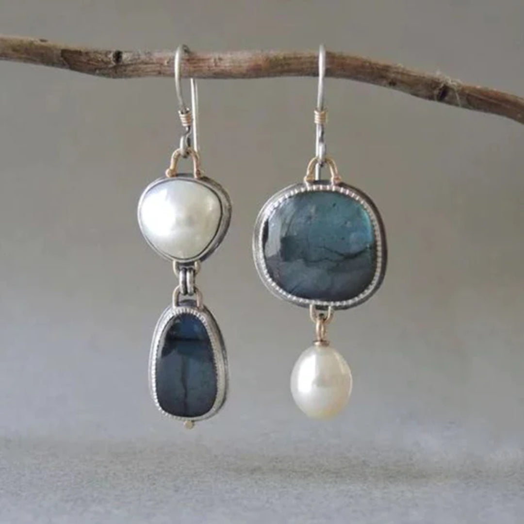 Pendientes Vintage de Piedra Azul y Perla