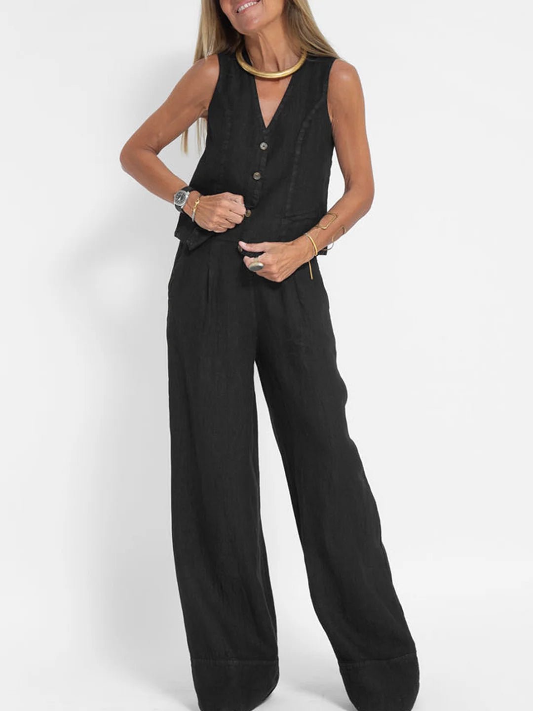 Aira – Conjunto elegante de dos piezas con chaleco y pantalón de pierna ancha - Navarro Granada