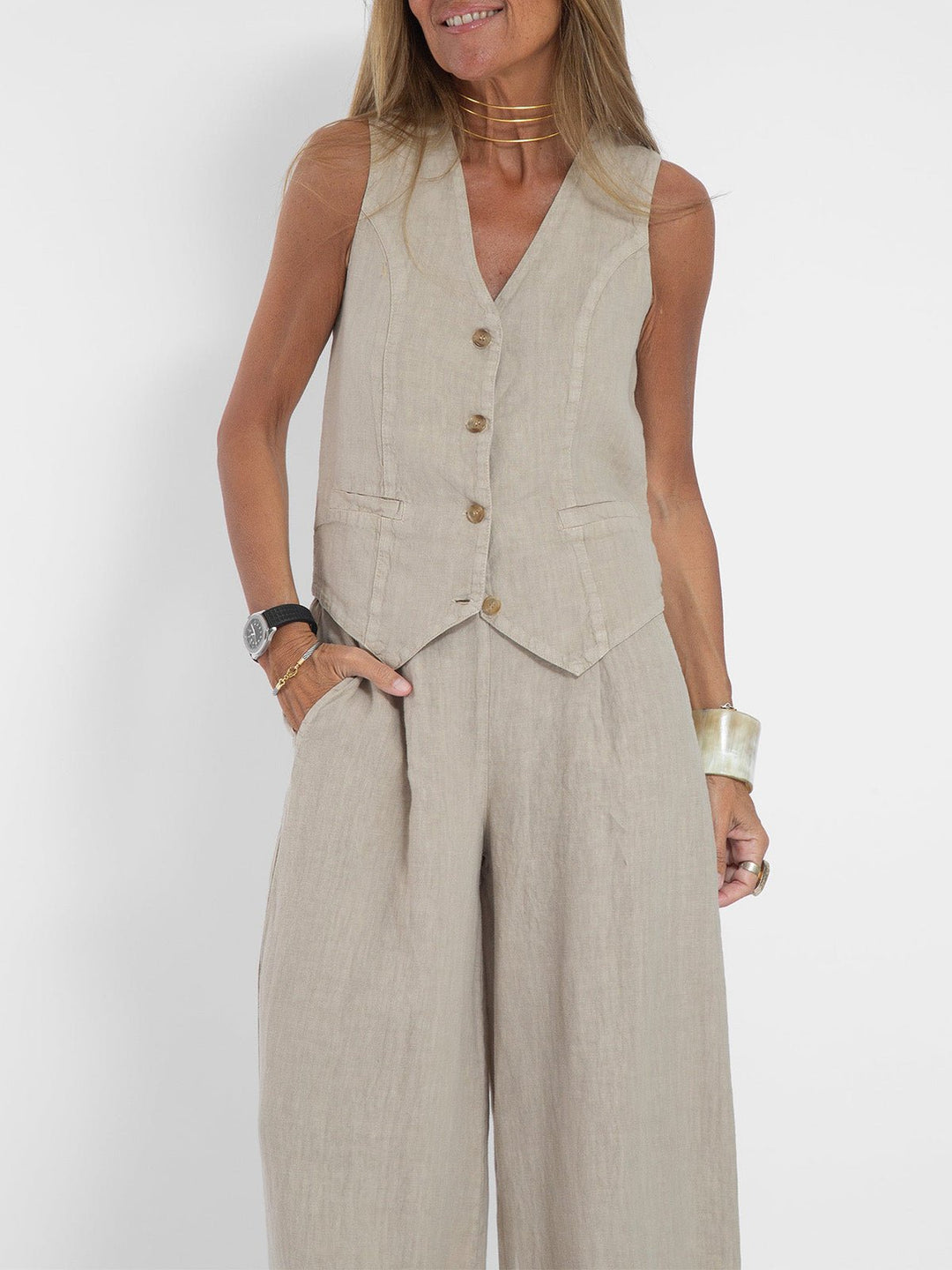 Aira – Conjunto elegante de dos piezas con chaleco y pantalón de pierna ancha - Navarro Granada