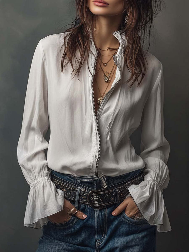 Ana · Blusa Blanca Cremallera con Volantes Long Sleeve Blouse - Navarro Granada