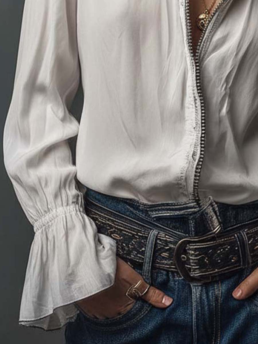 Ana · Blusa Blanca Cremallera con Volantes Long Sleeve Blouse - Navarro Granada