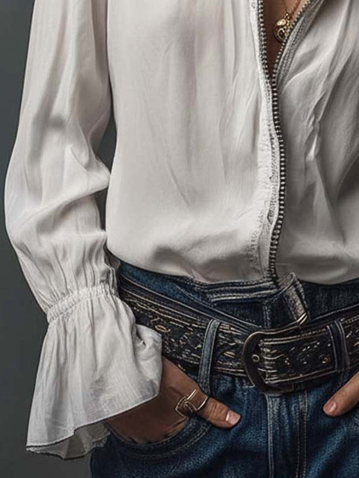 Ana · Blusa Blanca Cremallera con Volantes Long Sleeve Blouse - Navarro Granada