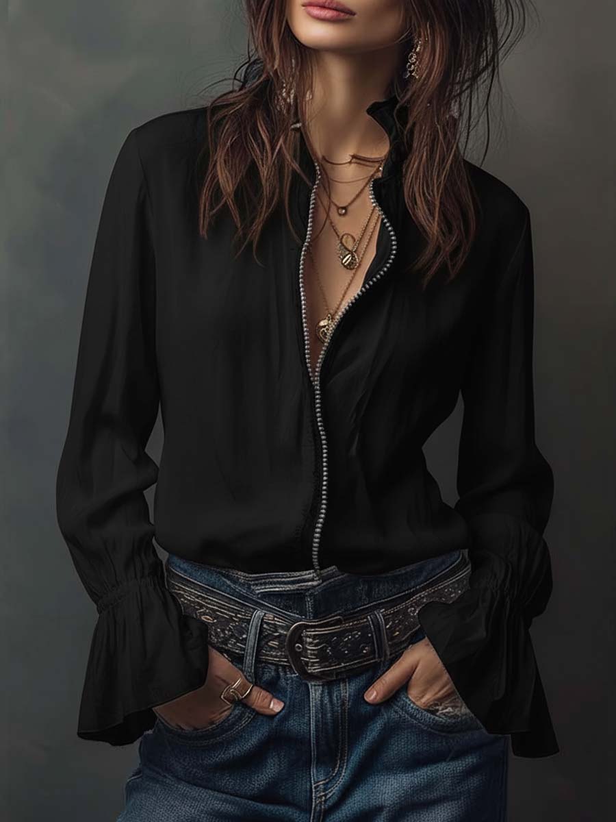 Ana · Blusa Blanca Cremallera con Volantes Long Sleeve Blouse - Navarro Granada