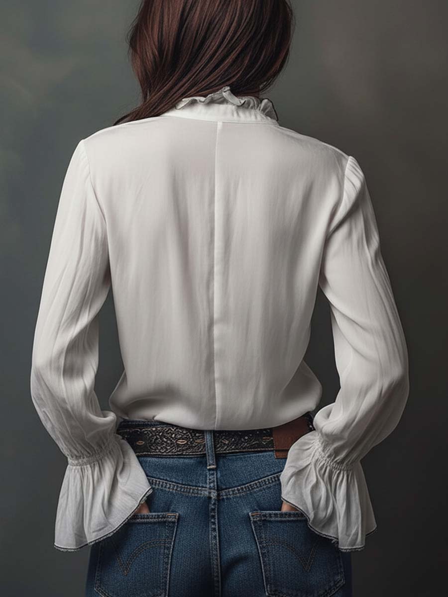 Ana · Blusa Blanca Cremallera con Volantes Long Sleeve Blouse - Navarro Granada