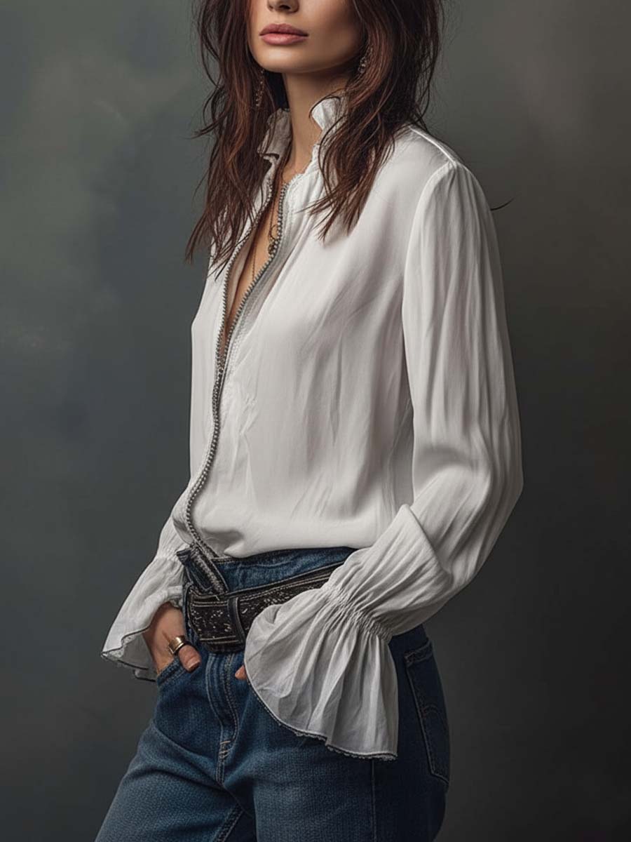 Ana · Blusa Blanca Cremallera con Volantes Long Sleeve Blouse - Navarro Granada