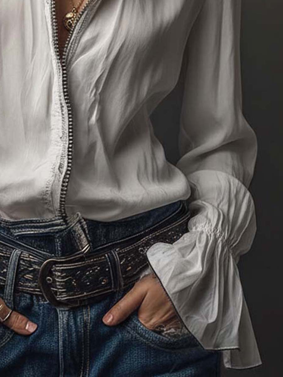Ana · Blusa Blanca Cremallera con Volantes Long Sleeve Blouse - Navarro Granada