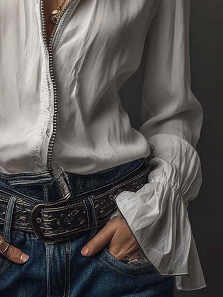 Ana · Blusa Blanca Cremallera con Volantes Long Sleeve Blouse - Navarro Granada