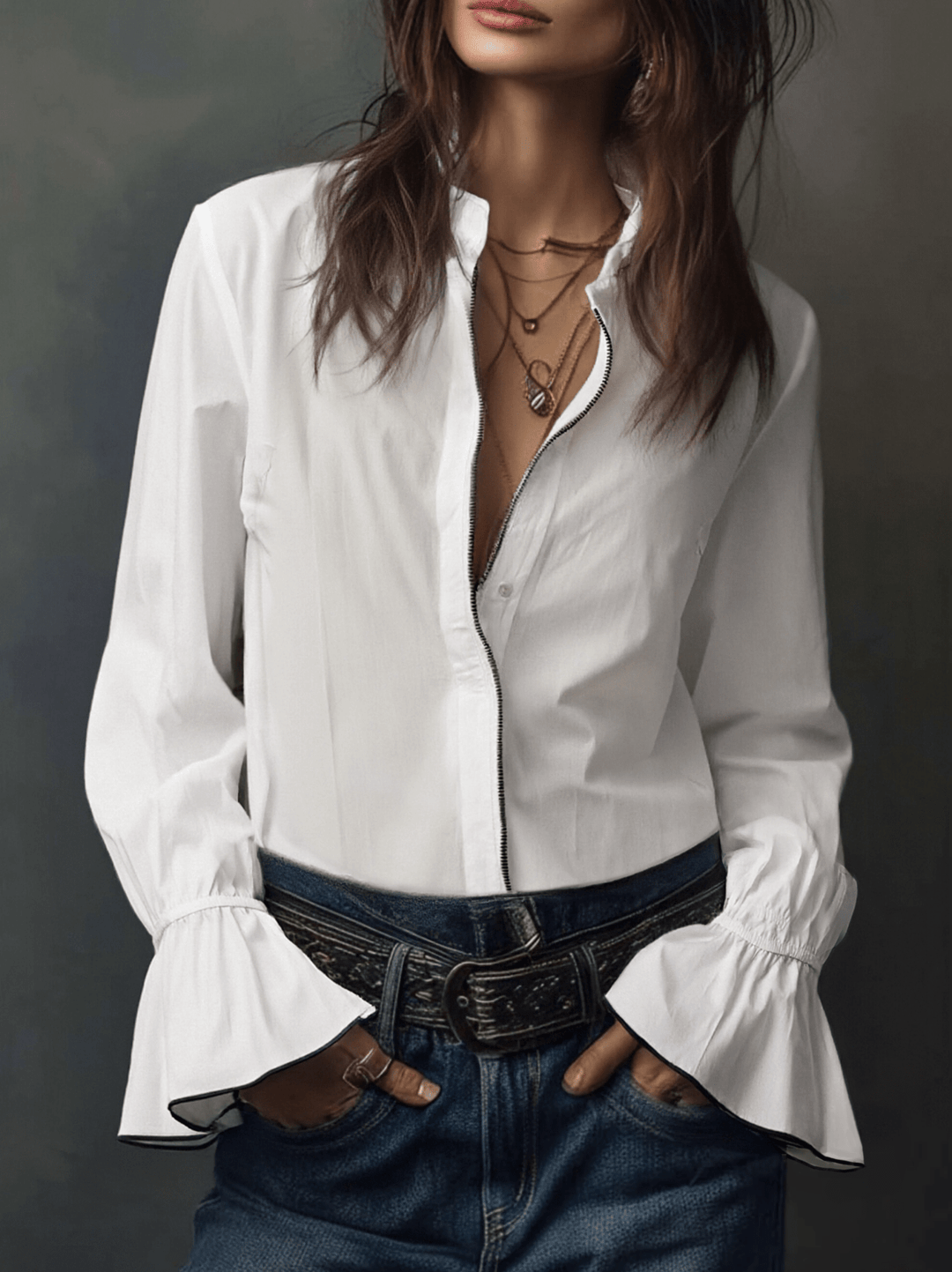 Ana · Blusa Blanca Cremallera con Volantes Long Sleeve Blouse - Navarro Granada