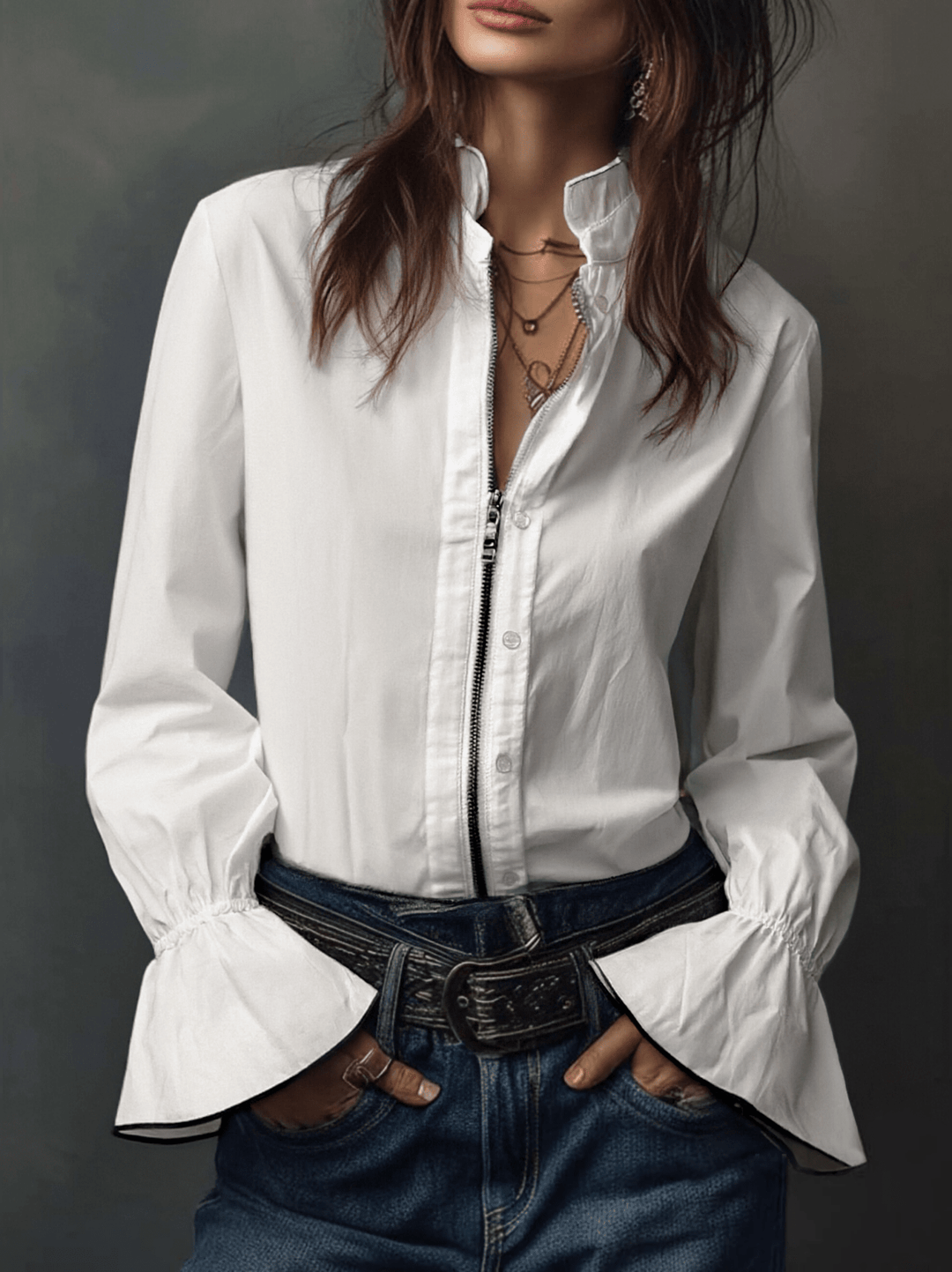Ana · Blusa Blanca Cremallera con Volantes Long Sleeve Blouse - Navarro Granada