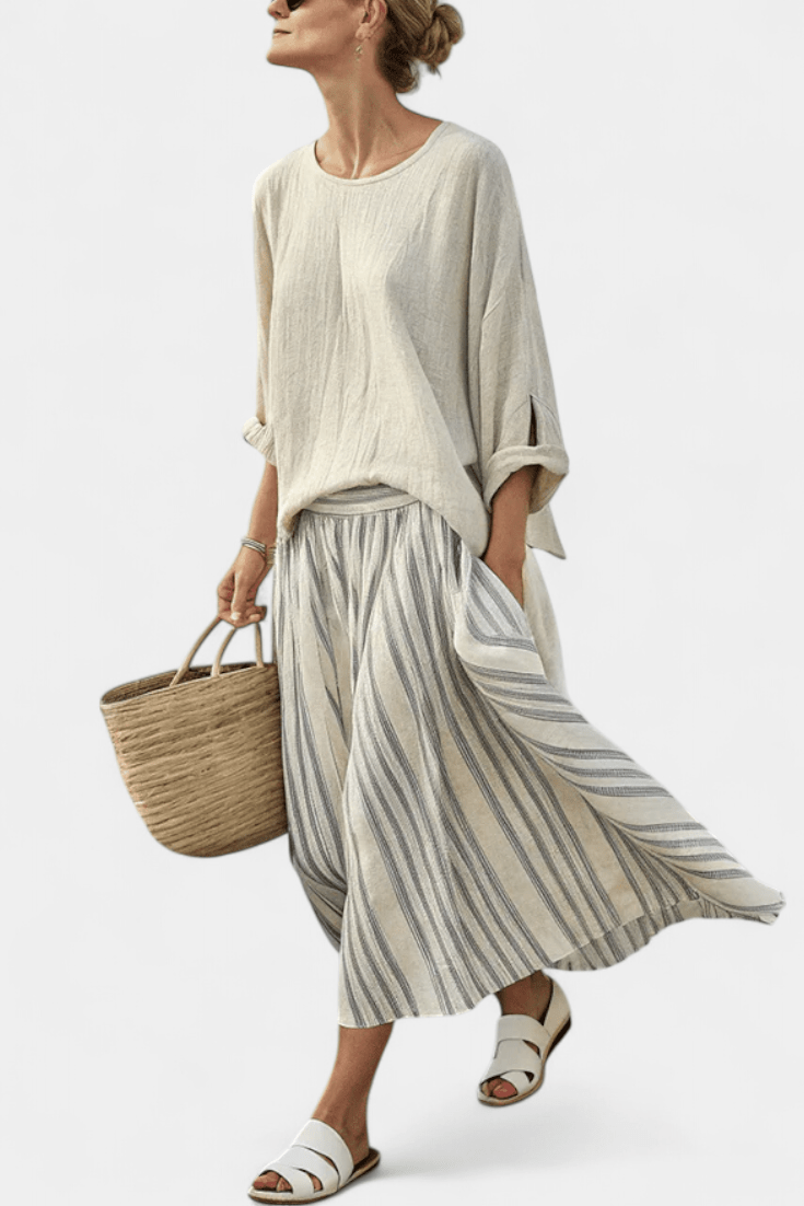Aurora — Blusa cómoda y falda midi a rayas - Navarro Granada