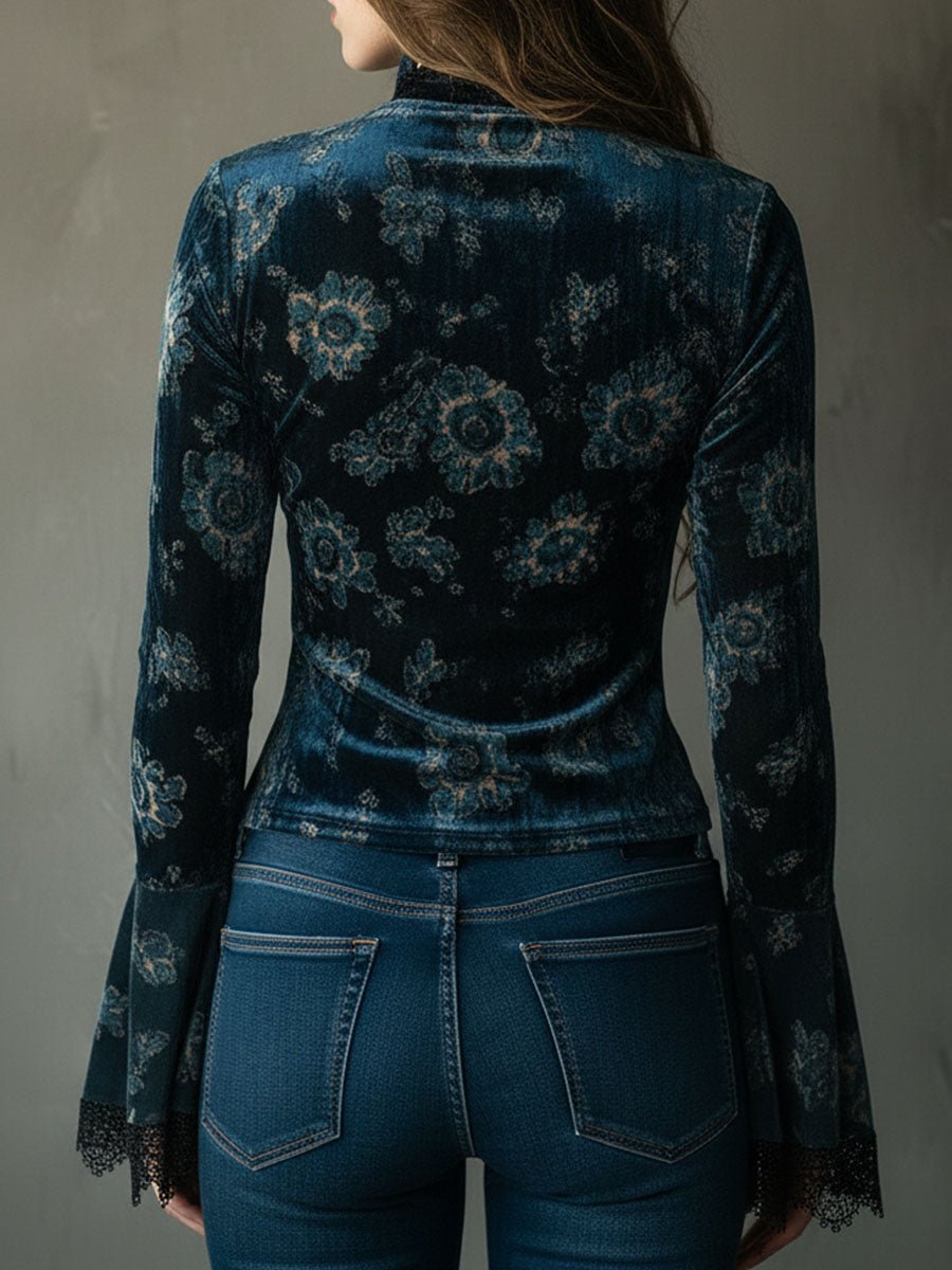 Azul · Blusa floral retro con mangas de campana Blouse - Navarro Granada