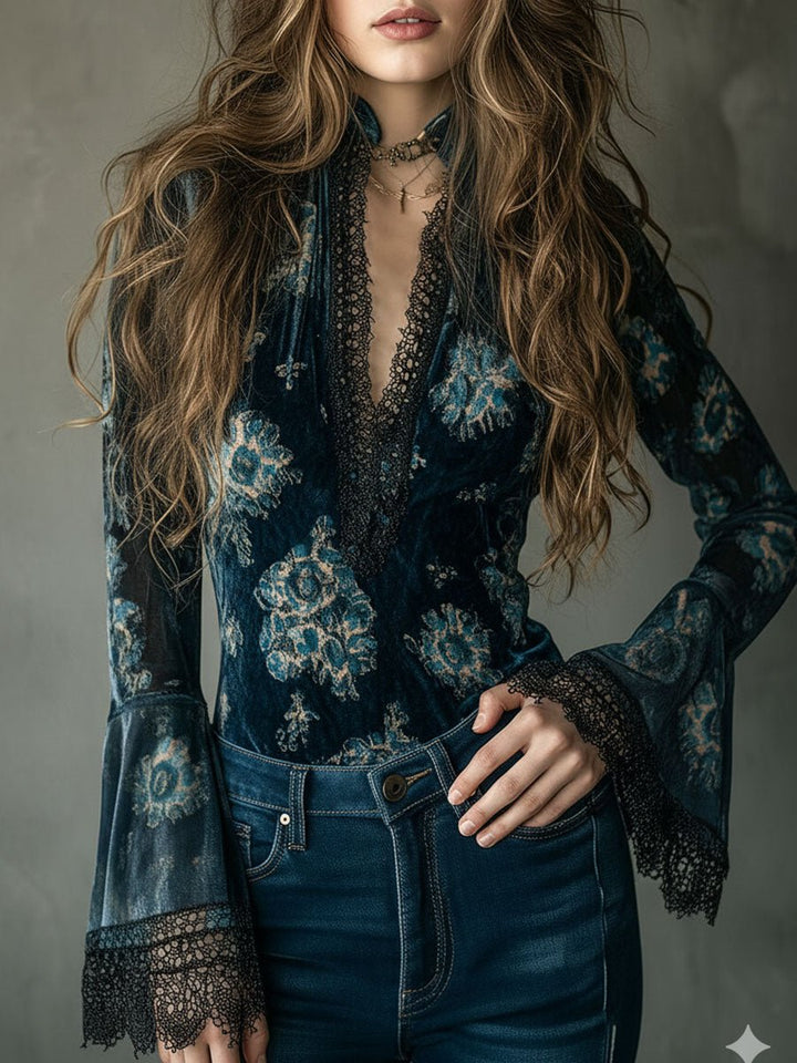 Azul · Blusa floral retro con mangas de campana Blouse - Navarro Granada