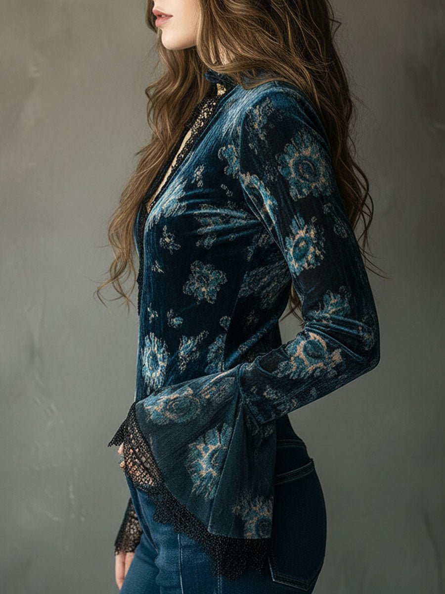 Azul · Blusa floral retro con mangas de campana Blouse - Navarro Granada