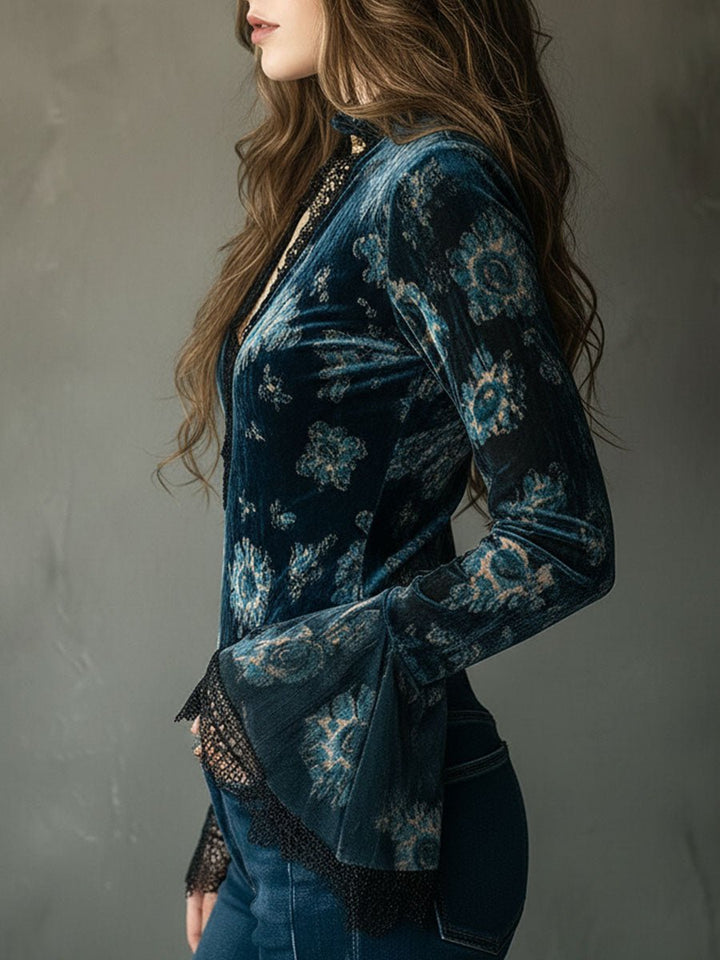 Azul · Blusa floral retro con mangas de campana Blouse - Navarro Granada