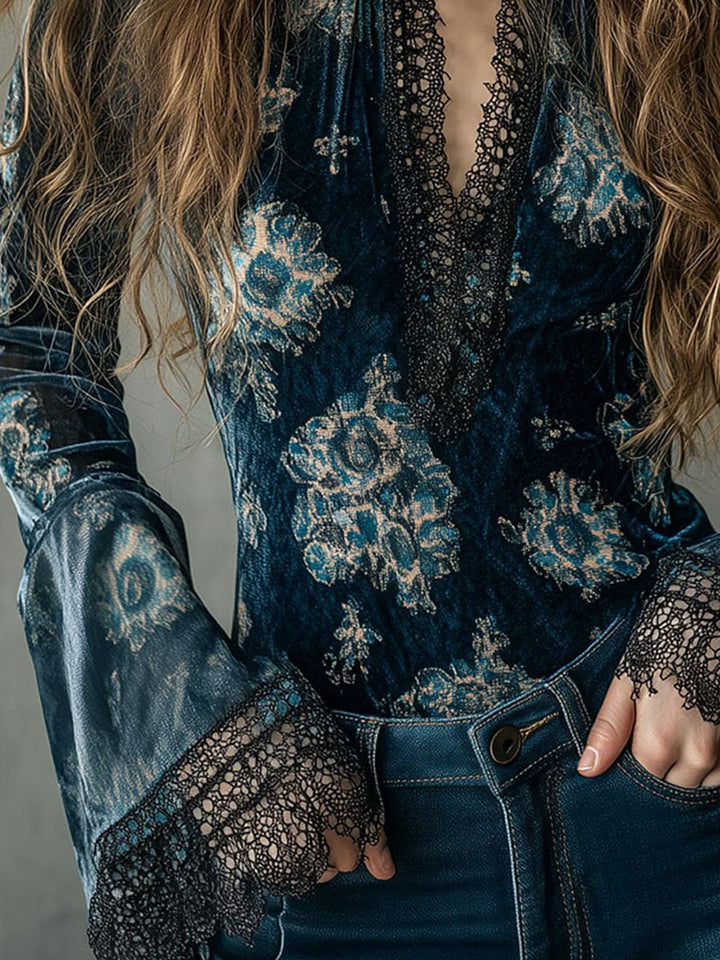 Azul · Blusa floral retro con mangas de campana Blouse - Navarro Granada