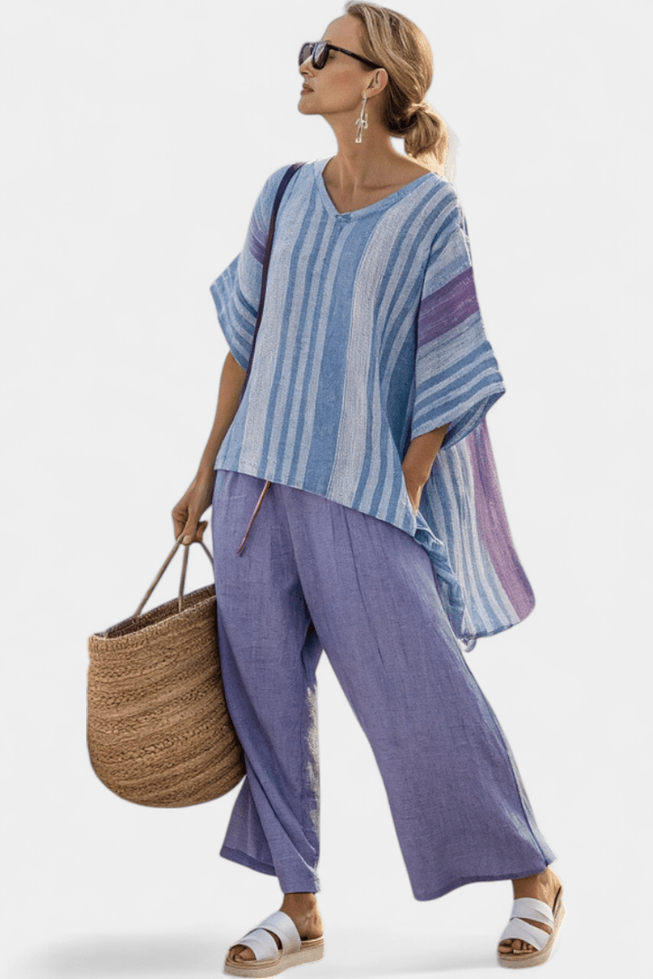 Carlotta – Top elegante en lavanda y azul cielo con pantalón de lino - Navarro Granada