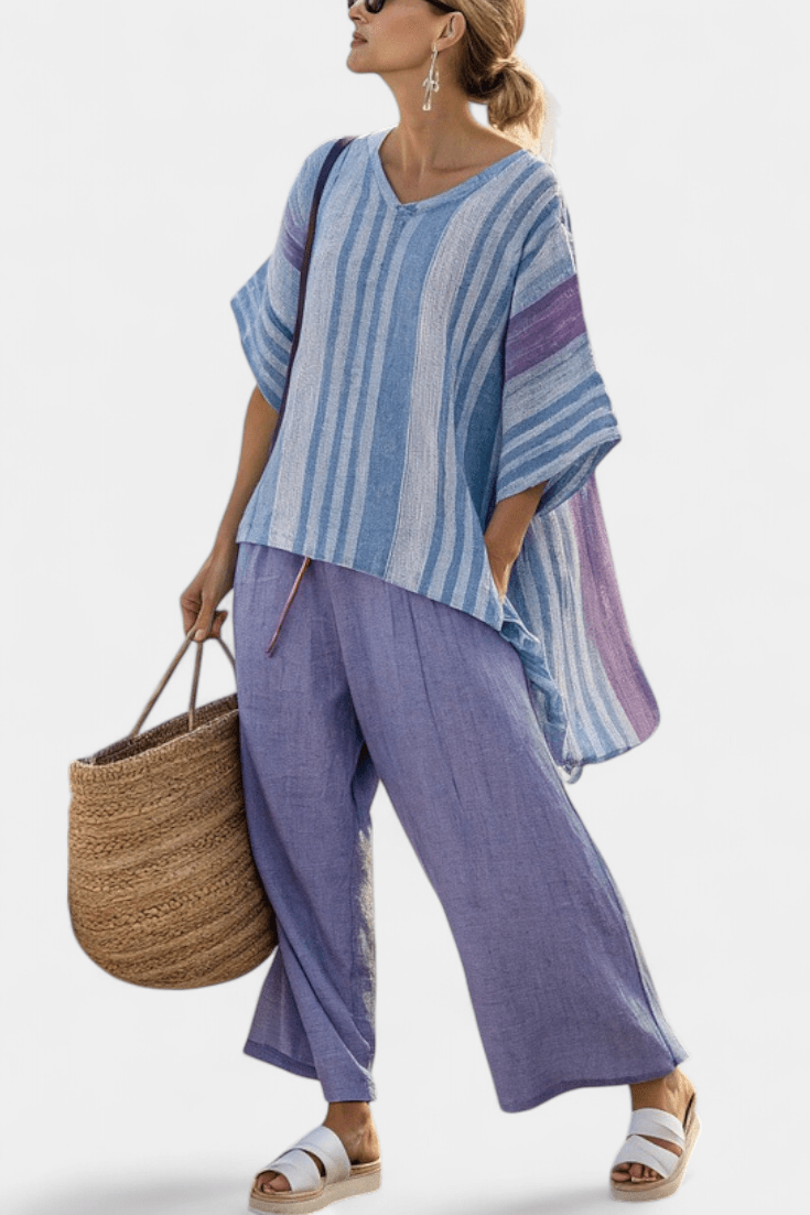 Carlotta – Top elegante en lavanda y azul cielo con pantalón de lino - Navarro Granada