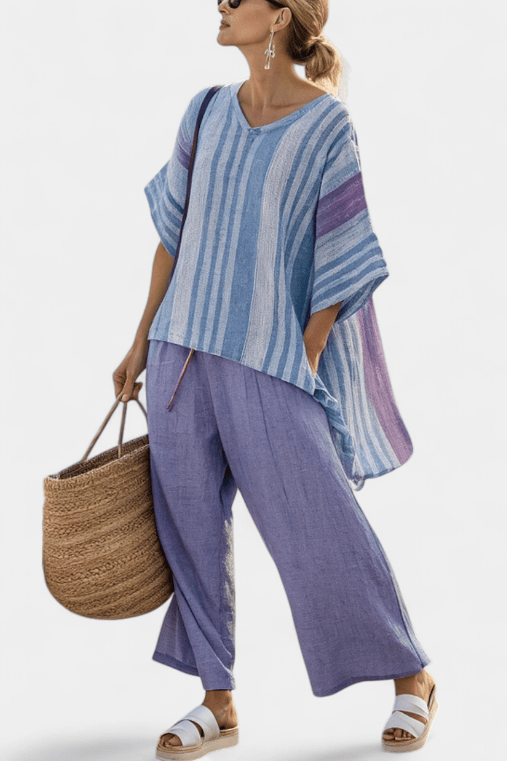 Carlotta – Top elegante en lavanda y azul cielo con pantalón de lino - Navarro Granada