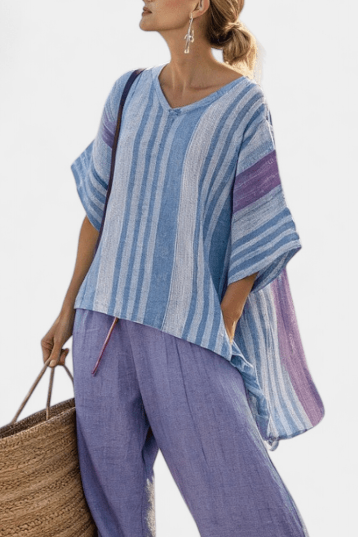Carlotta – Top elegante en lavanda y azul cielo con pantalón de lino - Navarro Granada