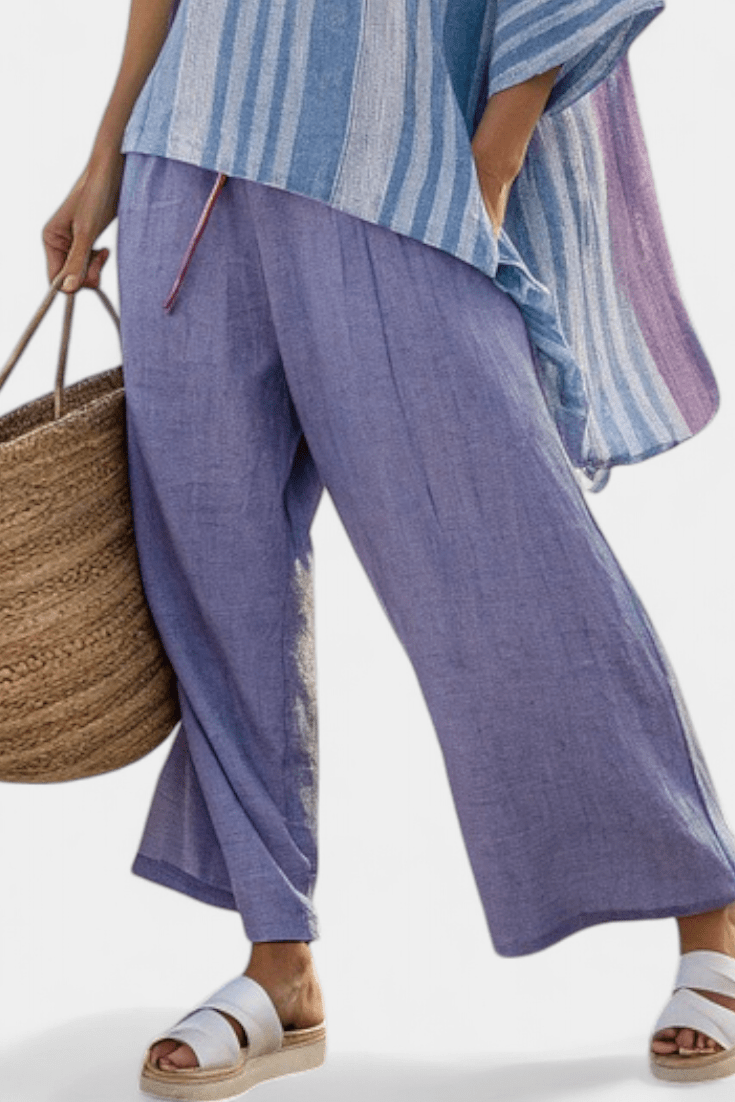 Carlotta – Top elegante en lavanda y azul cielo con pantalón de lino - Navarro Granada