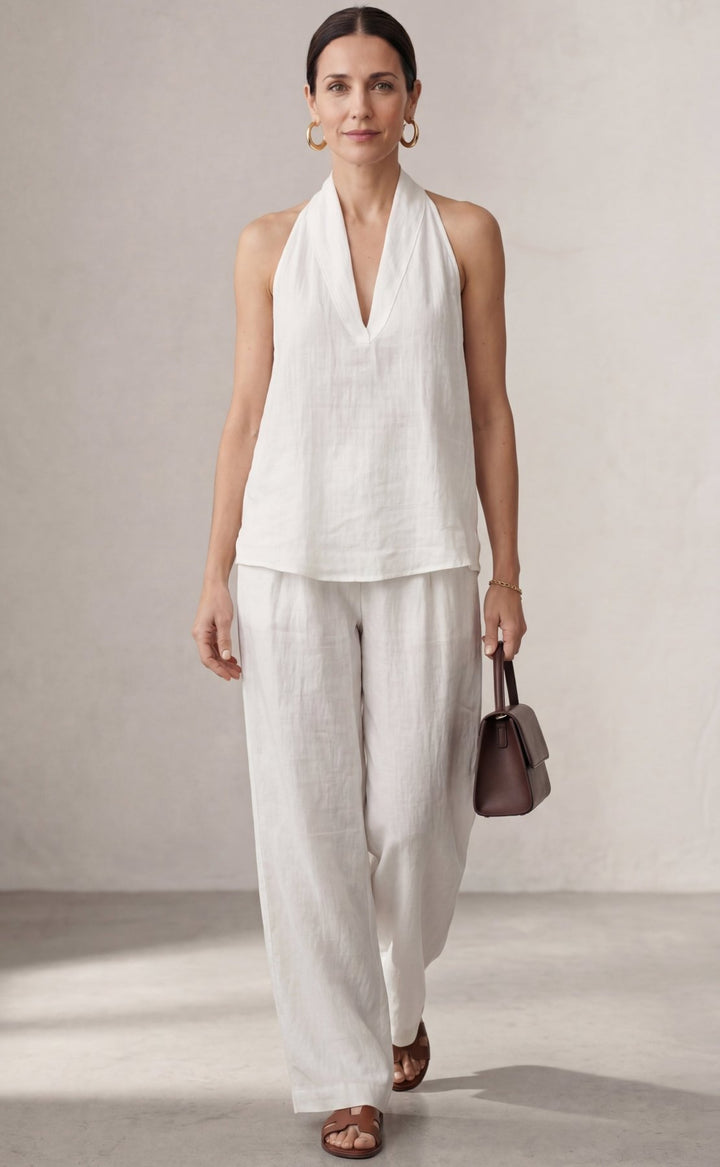 Conjunto de lino con escote en V y pantalón fluido - Navarro Granada
