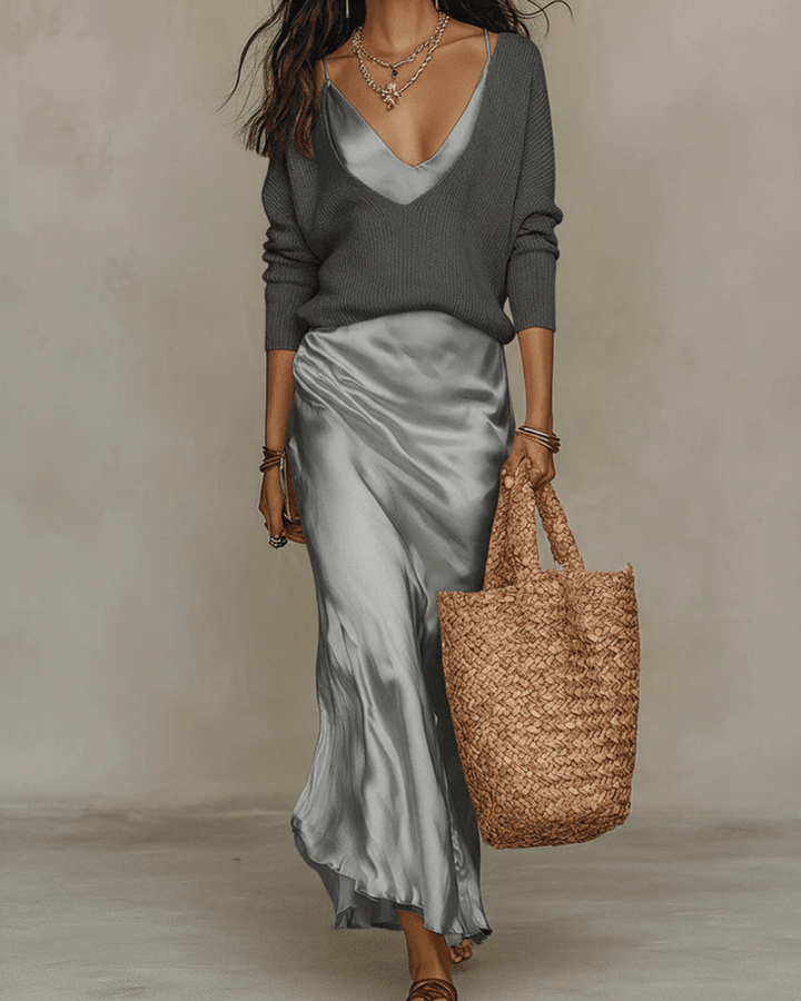 Elena | Vestido Midi Satinado con Suéter Incluido - Navarro Granada