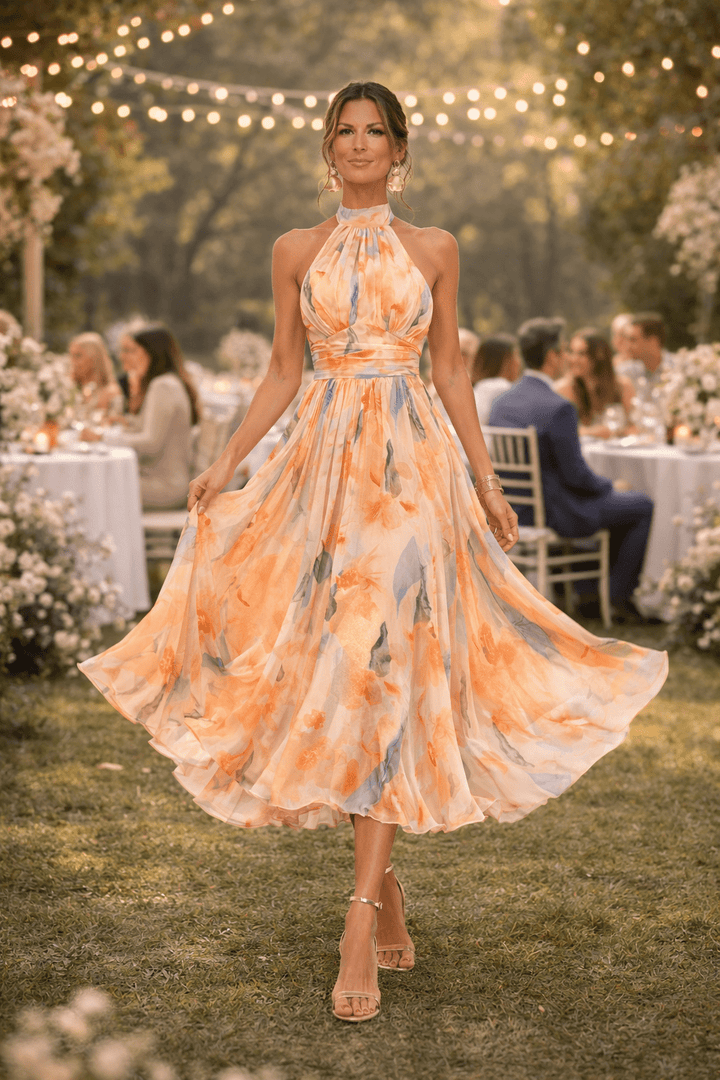 Esther™ | Vestido de Cuello Halter con Estampado de Acuarela - Navarro Granada