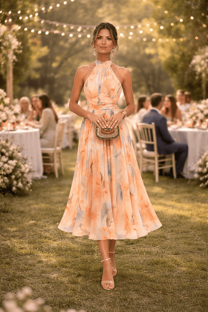 Esther™ | Vestido de Cuello Halter con Estampado de Acuarela - Navarro Granada