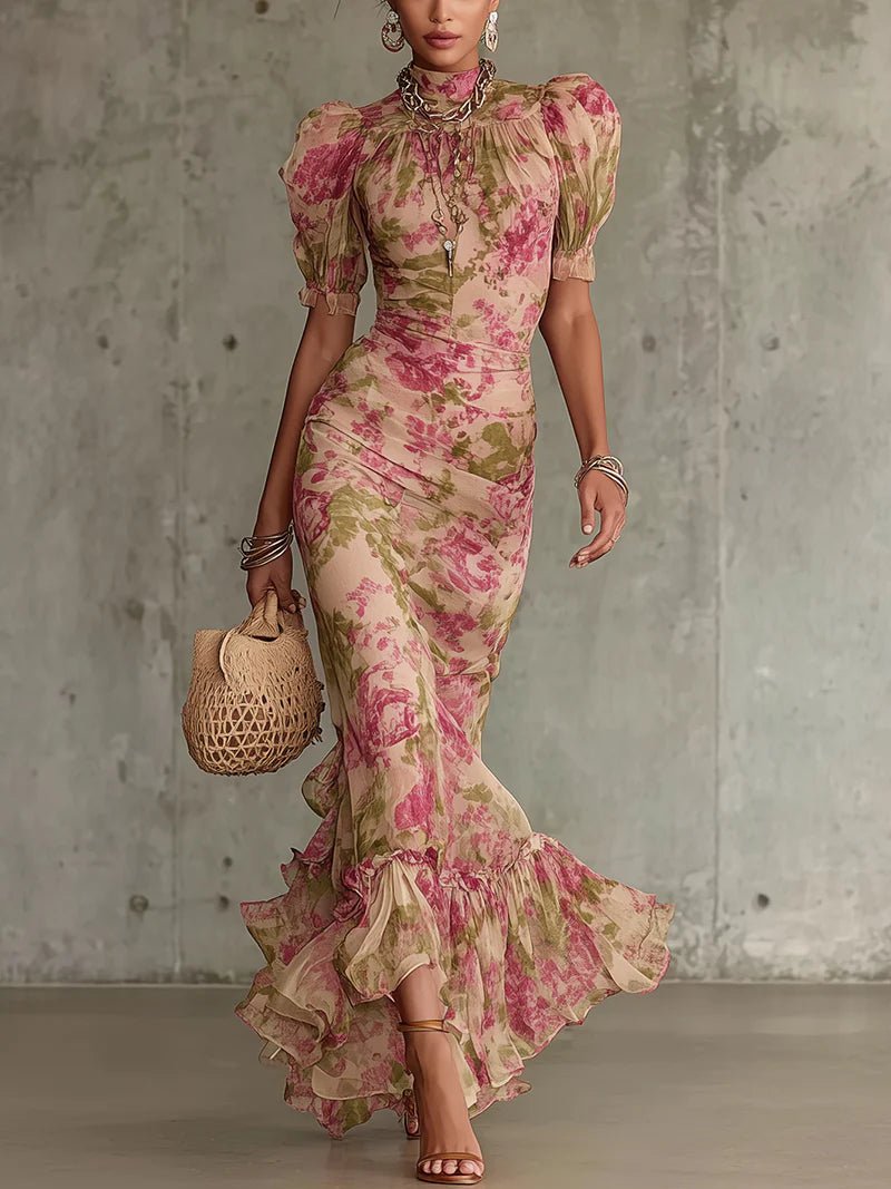Fiora ∙ Vestido largo con estampado vintage de rosas y mangas abullonadas - Navarro Granada