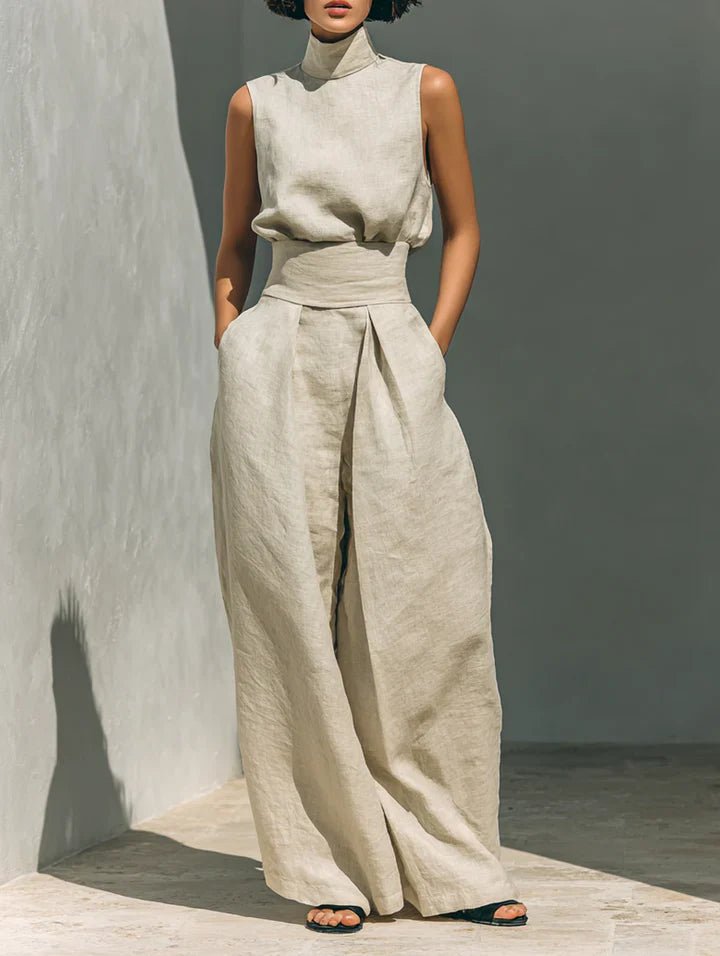 Flor™ | Conjunto minimalista de blusa sin mangas y pantalón de pernera ancha en algodón y lino para mujer - Navarro Granada