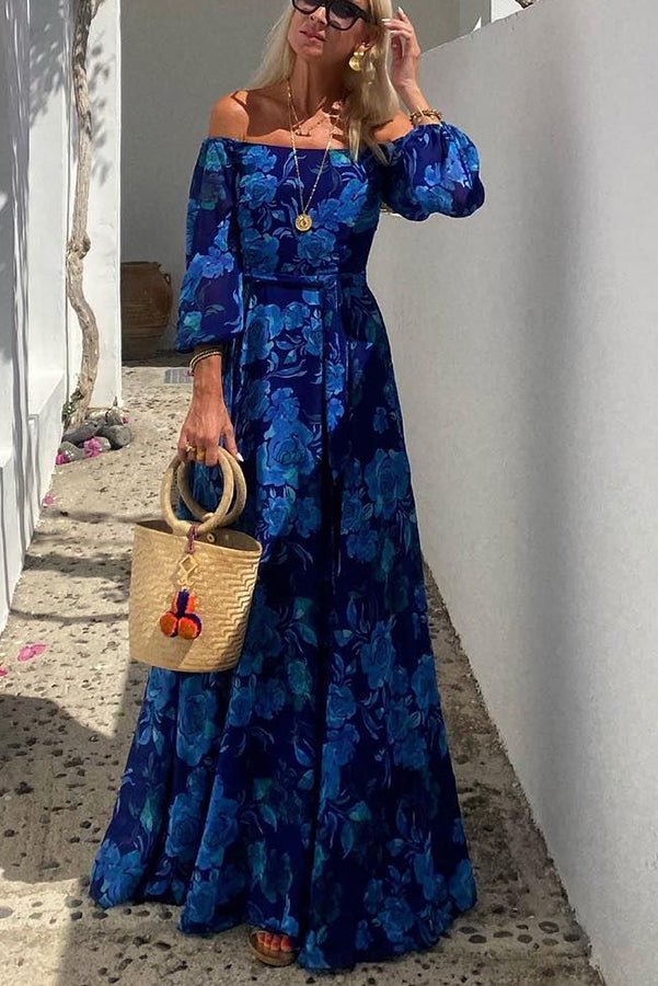 Francesca - Vestido largo con estampado floral y mangas off - the - shoulder - Navarro Granada