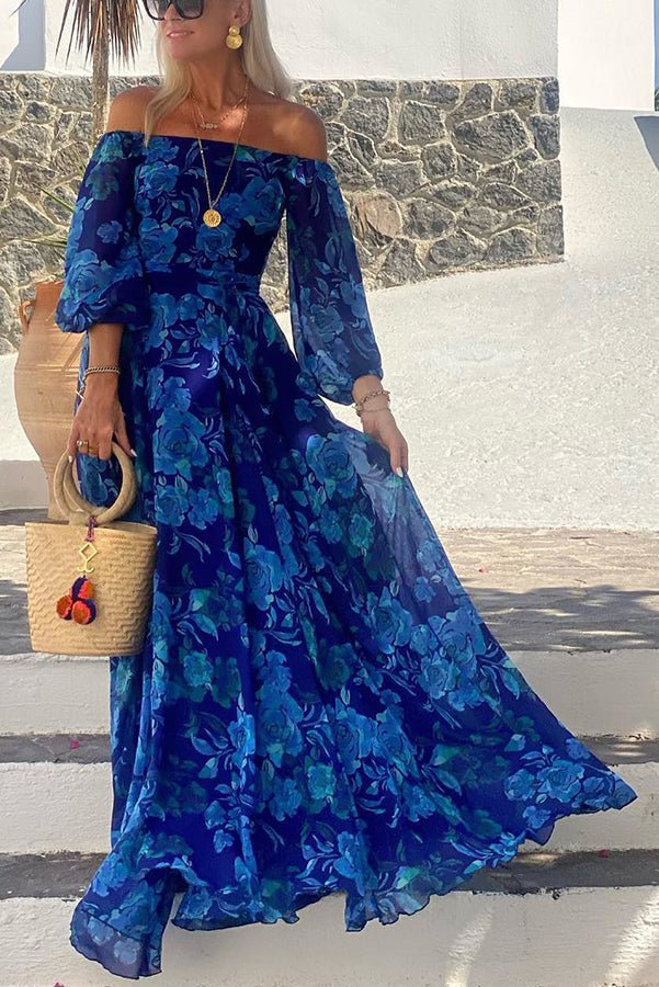 Francesca - Vestido largo con estampado floral y mangas off - the - shoulder - Navarro Granada