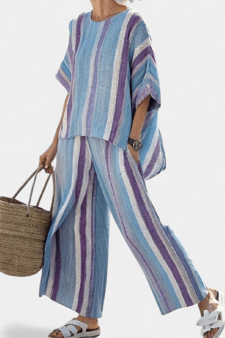 Ginevra — Top elegante en tono malva pastel y pantalones de lino a rayas - Navarro Granada