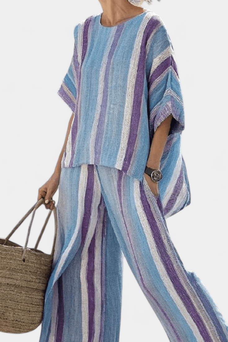 Ginevra — Top elegante en tono malva pastel y pantalones de lino a rayas - Navarro Granada