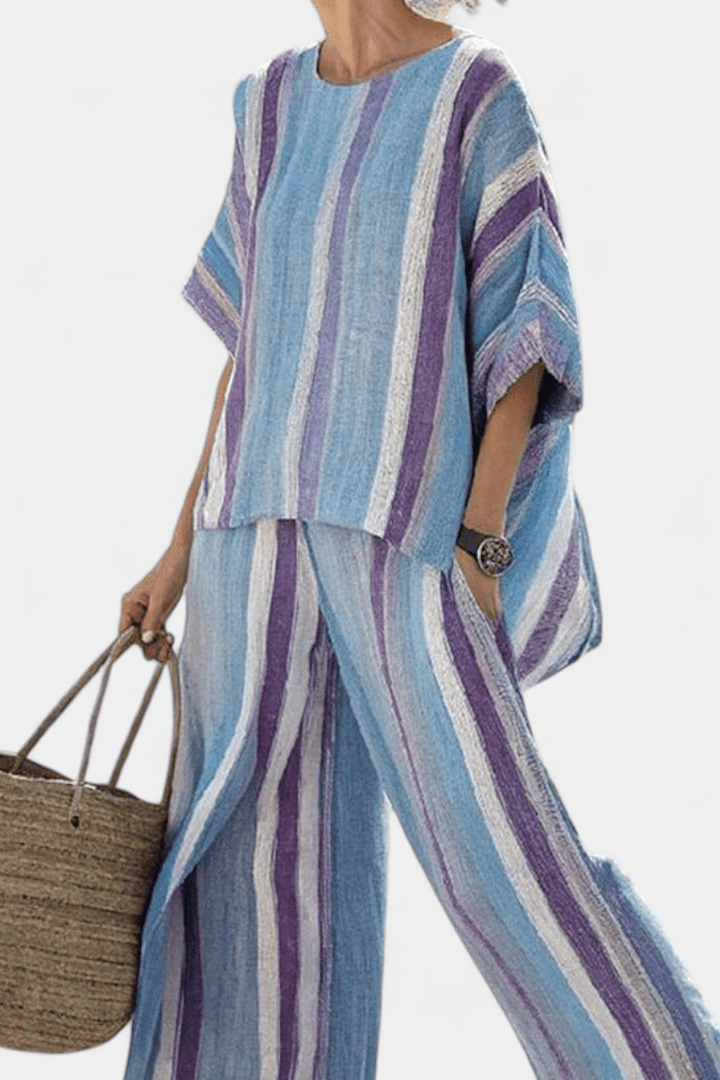 Ginevra — Top elegante en tono malva pastel y pantalones de lino a rayas - Navarro Granada