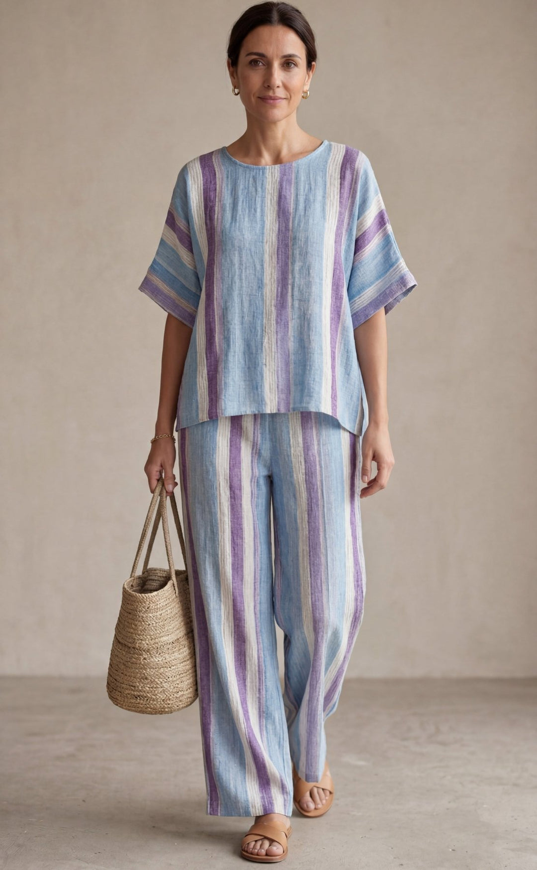 Ginevra — Top elegante en tono malva pastel y pantalones de lino a rayas - Navarro Granada