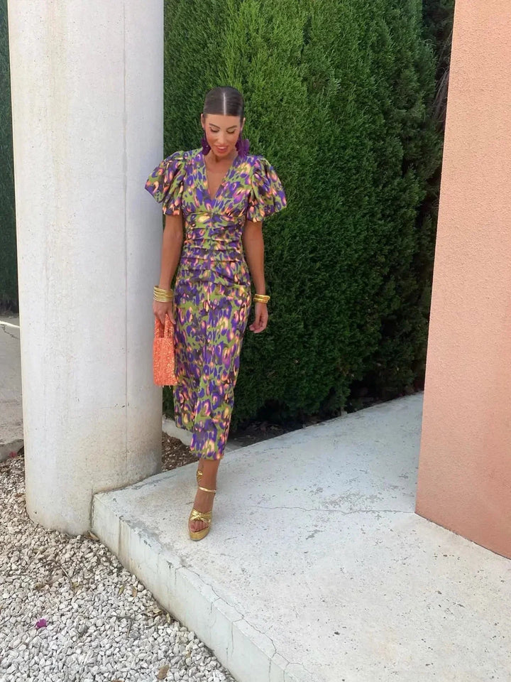 Loren - Vestido Midi Vibrante con Mangas Abullonadas JURKEN VOOR BRUILOFTGASTEN - Navarro Granada