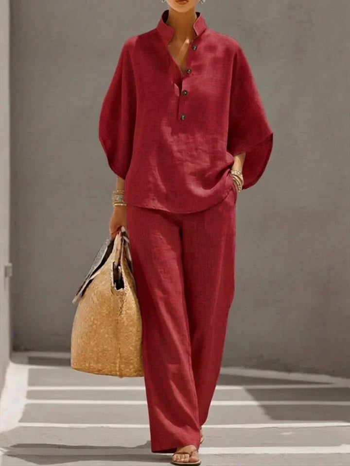 Maribel | Conjunto de lino con mangas murciélago y pantalón ancho - Navarro Granada