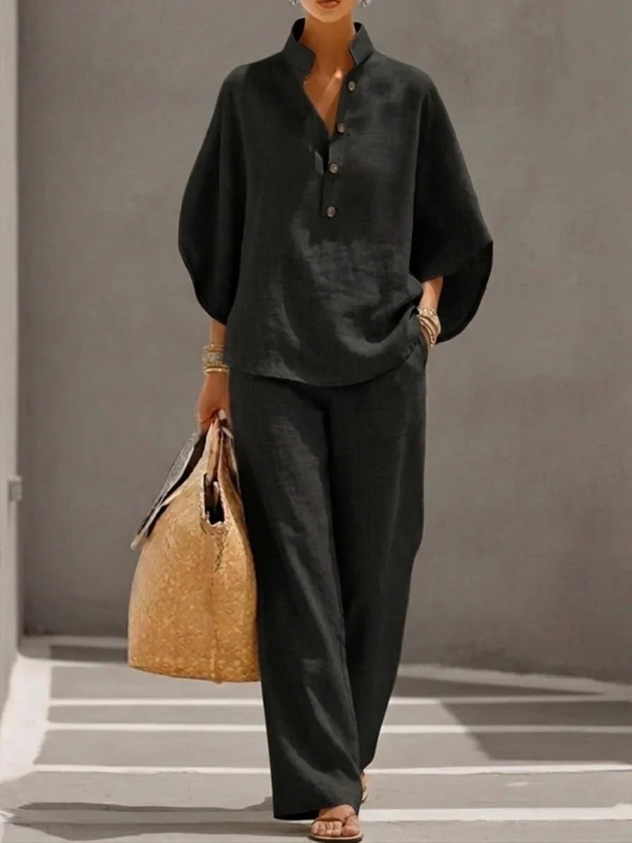 Maribel™ | Conjunto de lino con mangas murciélago y pantalón ancho - Navarro Granada