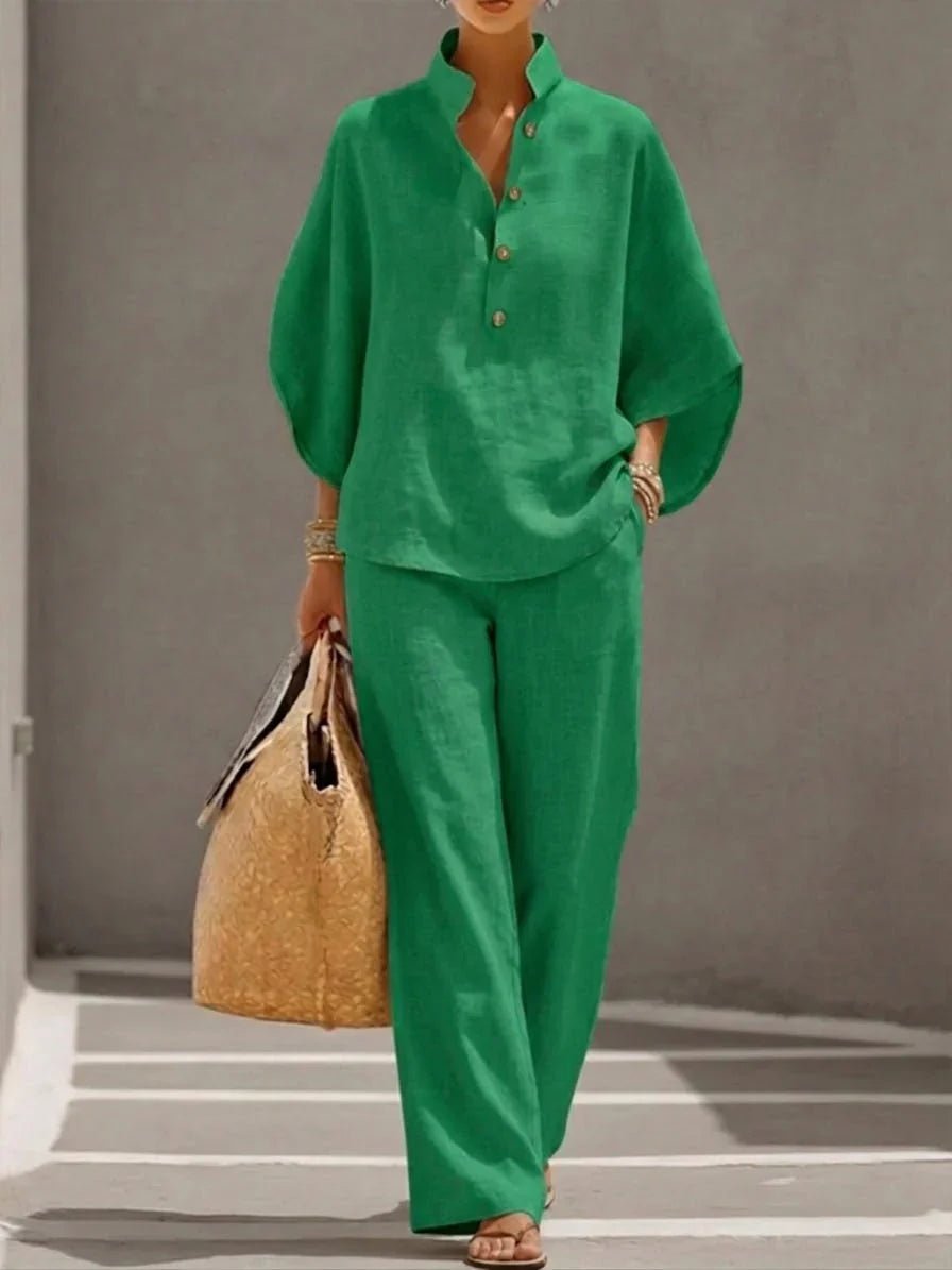 Maribel™ | Conjunto de lino con mangas murciélago y pantalón ancho - Navarro Granada