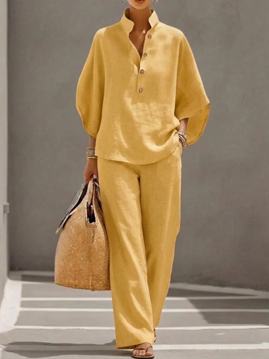 Maribel | Conjunto de lino con mangas murciélago y pantalón ancho - Navarro Granada
