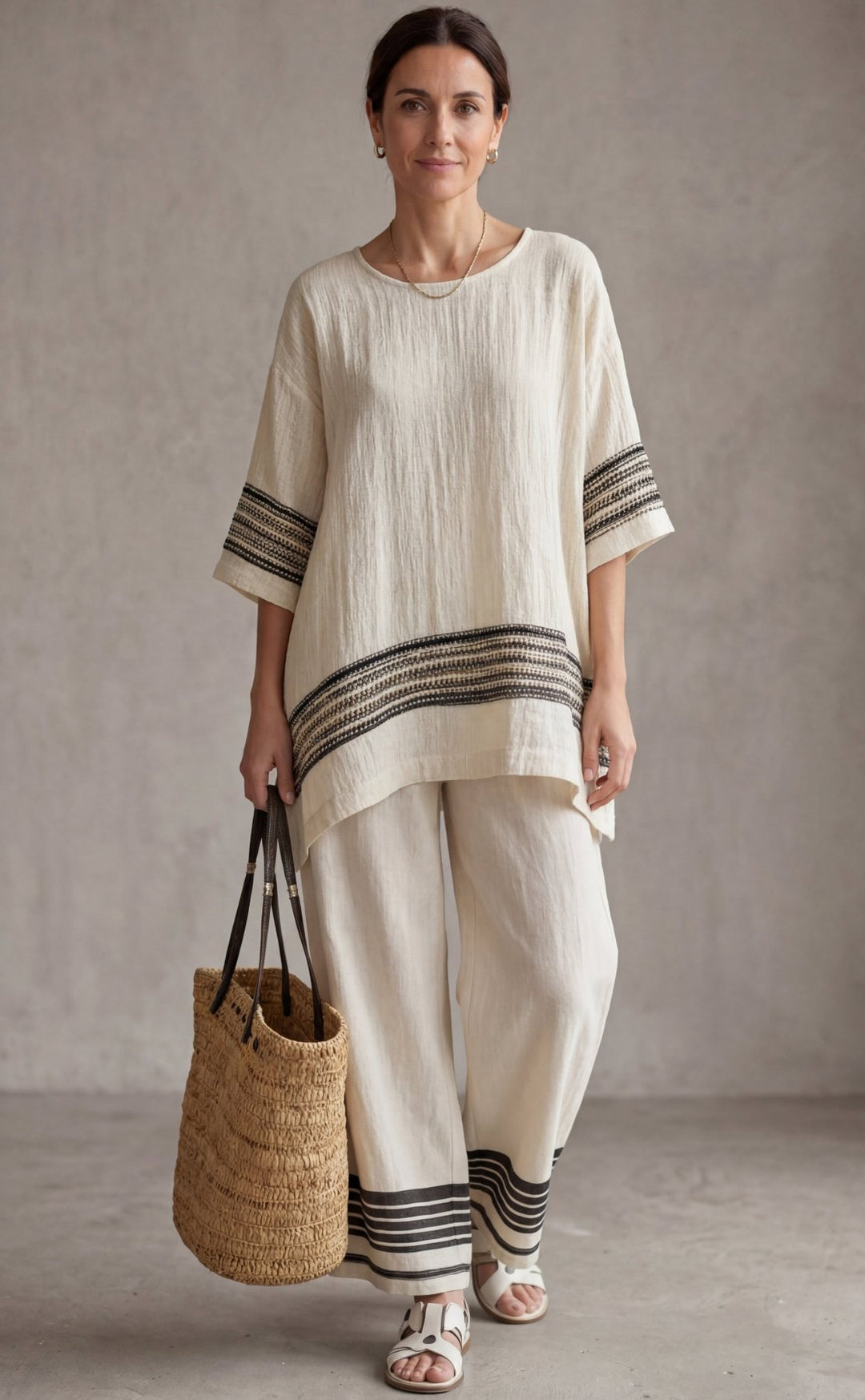 Mariella — Top elegante de lino con rayas negras y pantalones fluidos - Navarro Granada