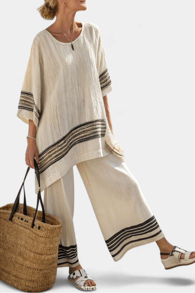 Mariella — Top elegante de lino con rayas negras y pantalones fluidos - Navarro Granada