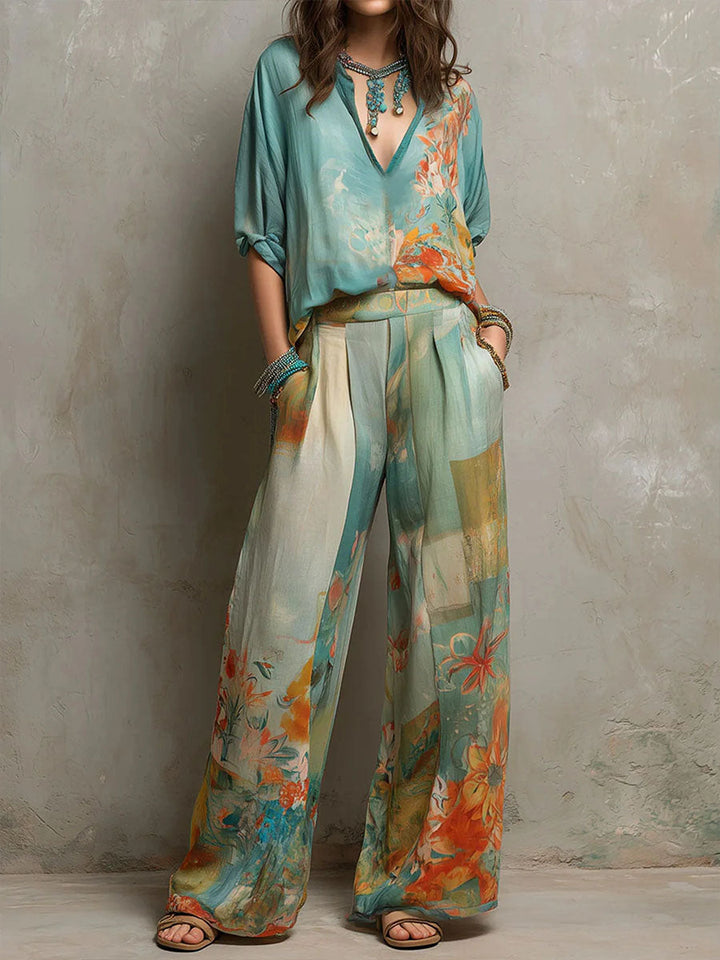 Chiara | Conjunto elegante de estampado floral con pantalón amplio