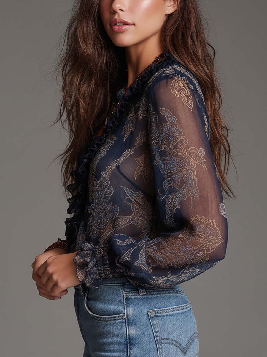 Paloma · Blusa con volantes y estampado paisley barroco Long Sleeve Blouse - Navarro Granada
