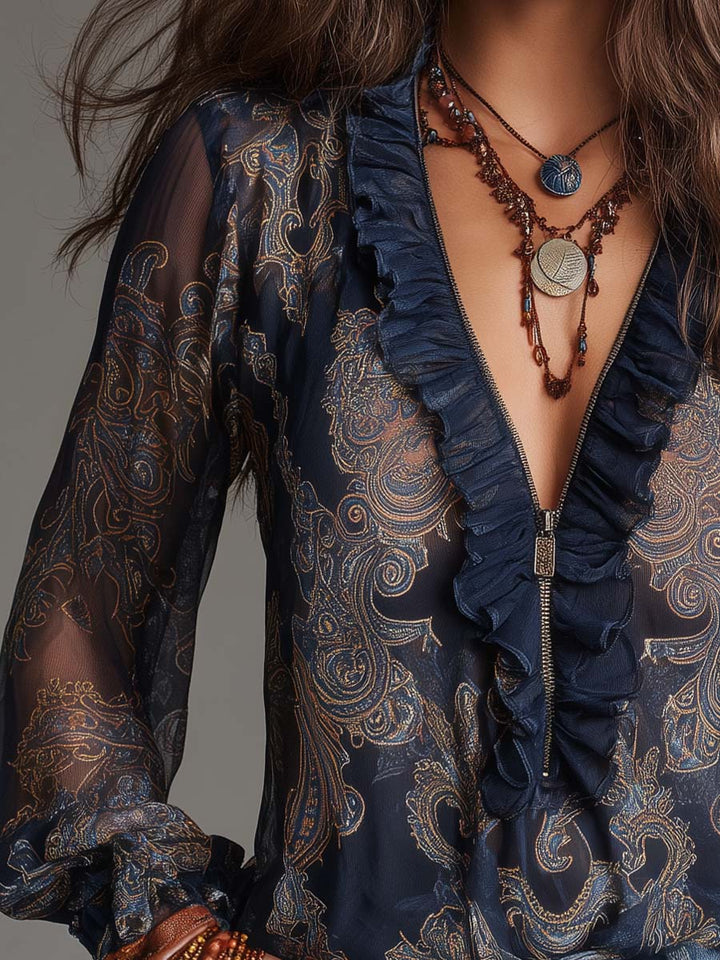Paloma · Blusa con volantes y estampado paisley barroco Long Sleeve Blouse - Navarro Granada