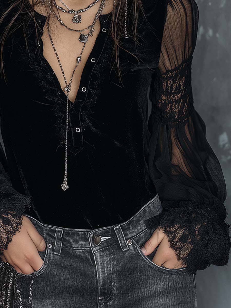 Sofía · Blusa Terciopelo Mangas Transparentes Blouse - Navarro Granada