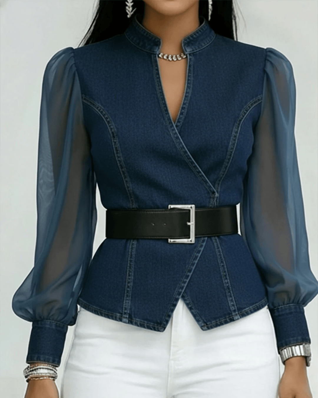Vessa | Top de denim con mangas de chiffon ligero - Navarro Granada